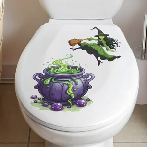 Halloween witch and magic potion cauldron waterproof sticker on white toilet lid