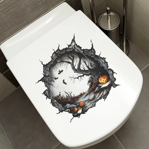3D Halloween toilet lid sticker featuring bats, spooky trees, and jack-o-lantern in a hole