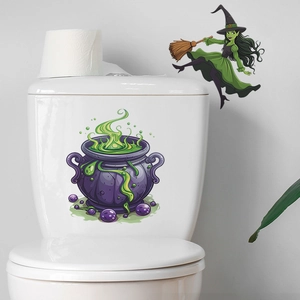 Halloween witch and green potion cauldron decals on bathroom toilet and wall