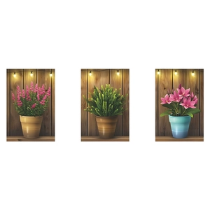 Three-piece set of green potted plant wall stickers with floral designs for home decor