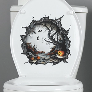 3D Halloween Toilet Sticker Broken Wall Design Pumpkin Dead Tree Bat Decal Waterproof PVC Home Bathroom Decorative Mural
