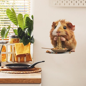 Detailed wall sticker showing a cute hamster eating pasta on a clean white kitchen wall