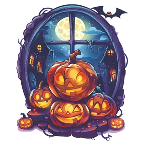 Détail de stickers citrouille d'Halloween avec chauves-souris et maison hantée sous la lune