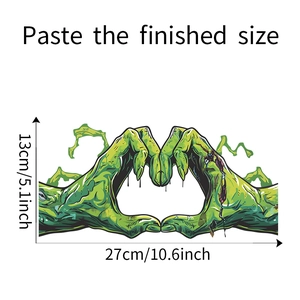 Detail showing dimensions of green zombie hands heart gesture Halloween sticker