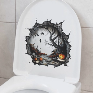 3D Halloween toilet lid sticker with spooky pumpkin bat and dead tree hole design