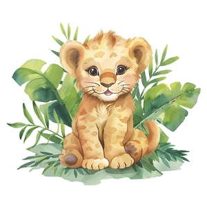 Cartoon tiger cub wall sticker with watercolor tropical leaves for kids room decor