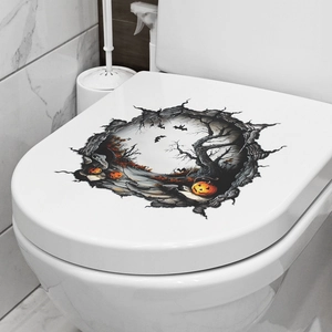 3D Halloween toilet lid sticker featuring spooky forest, pumpkin, and bats in broken wall