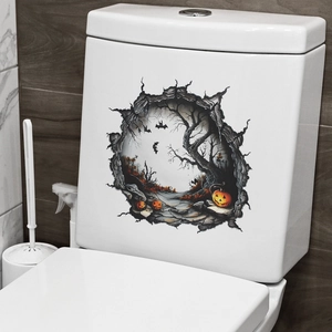 3D Halloween toilet sticker with broken wall effect, featuring bats and dead trees