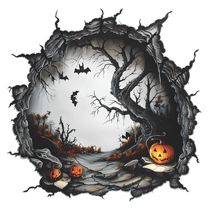 3D Halloween wall decal featuring spooky withered trees, bats, and glowing pumpkins