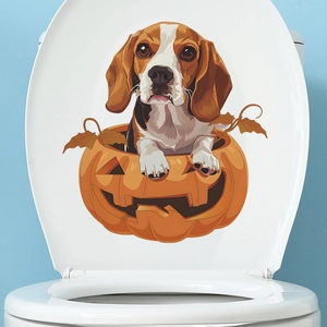 Halloween beagle puppy in pumpkin toilet seat sticker for bathroom home decor