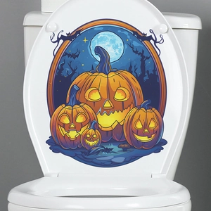 Autocollant abattant WC Halloween citrouille avec lune et chauves-souris décoratif PVC