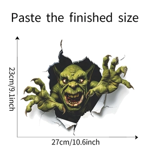 Detail view of 3D green monster toilet sticker with claws emerging from a broken wall