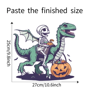 Detailed view of Halloween skeleton knight sticker with 27x25cm size specifications