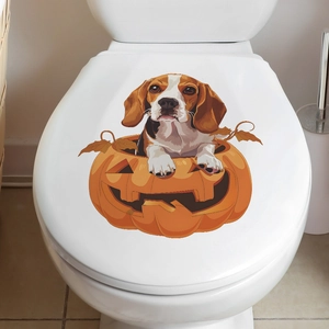 Cute beagle in pumpkin Halloween toilet seat lid decal for bathroom decoration