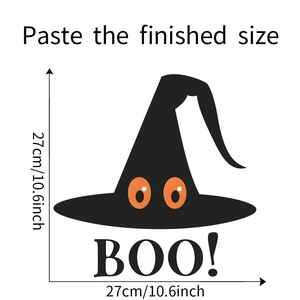 Detailed dimension layout of Halloween witch hat sticker with Boo slogan, 27x27cm size