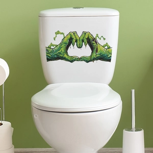 Funny Halloween green zombie hands heart-shaped sticker on white ceramic toilet tank