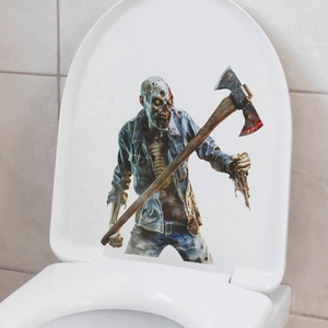 Sticker de zombie d'Halloween avec hache sanglante sur couvercle de toilette décoratif