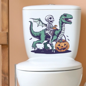 Detail of Halloween sticker with a dinosaur and skeleton on a white toilet tank