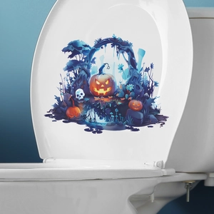 Sticker abattant WC Halloween avec forêt bleue, citrouilles brillantes et crânes