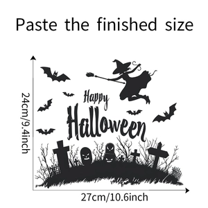 Detail view of Happy Halloween wall stickers featuring witch bats and tombstones 27x24cm