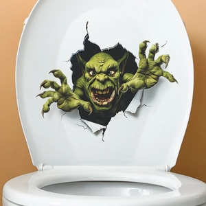 Spooky 3D green monster goblin wall sticker bursting out from toilet lid decal