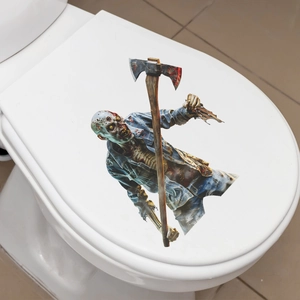 Sticker WC Halloween montrant un zombie effrayant avec une hache pour déco de bain
