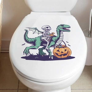 Halloween toilet sticker with skeleton riding a green dinosaur and pumpkin lantern design