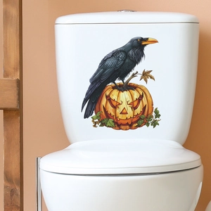 Halloween toilet sticker with realistic black crow perched on a carved pumpkin