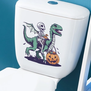Halloween skeleton dinosaur pumpkin bathroom toilet sticker on a white tank