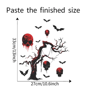 Halloween wall sticker set featuring spooky dead tree, skulls and bats with dimensions