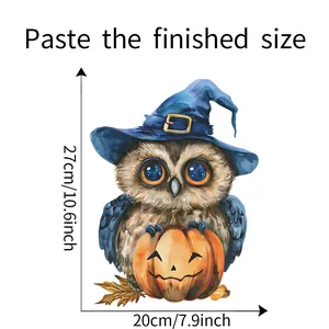 Size guide for Halloween owl and pumpkin toilet decal showing 27x20cm dimensions