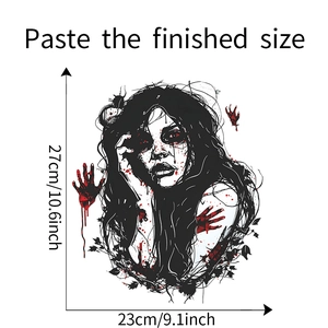 Detail view of scary woman and bloody handprints decal with 27x23cm size markings