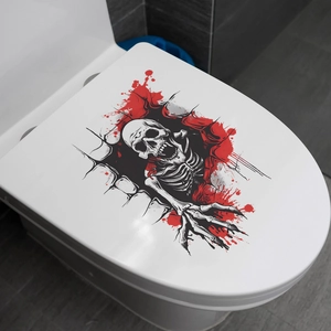 3D Halloween skeleton wall sticker with red splatter on a white bathroom toilet lid