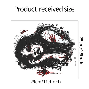 Detailed dimensions of Halloween horror toilet sticker with blood prints and scary female