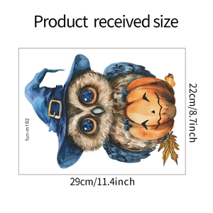 Detailed Halloween wall sticker dimensions showing cartoon owl with pumpkin 29cm x 22cm