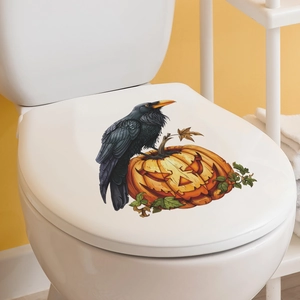 Halloween toilet lid decal featuring a black crow perched on a carved pumpkin lantern