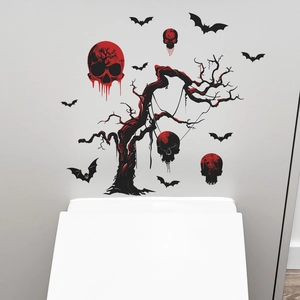 Detailed Halloween wall sticker with spooky dead tree, red skulls and black bats