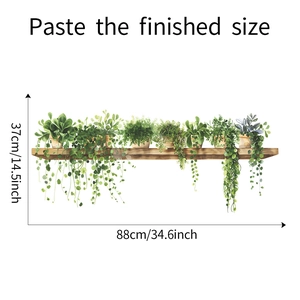 Detail view of green potted plant wall stickers showing finished dimensions 88x37cm