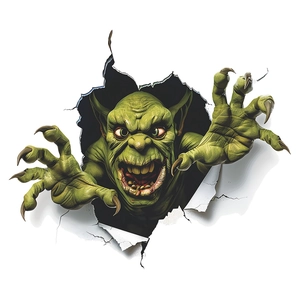 3D realistic green monster wall sticker bursting through white surface for home decor