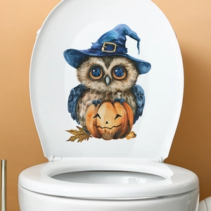 Halloween Owl Witch Hat Pumpkin Toilet Sticker PVC Watercolor Cartoon Decal For Bathroom Holiday Home Decoration