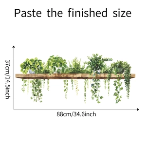 Detailed wall sticker showing green potted plants on a wooden shelf with exact dimensions