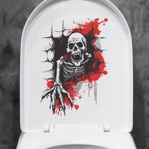 Creative Halloween 3D skull decal on white toilet lid with realistic blood splatter