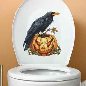 Halloween Raven On Pumpkin Toilet Seat Sticker Removable PVC Decal Festive Bathroom Decoration Jack-O-Lantern Wall Sticker