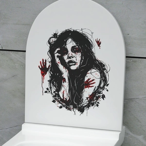 Detail view of scary bloody handprint sticker applied on a white bathroom toilet lid
