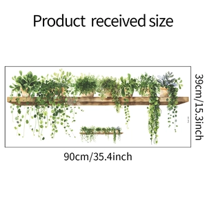 Detail layout showing 90x39cm potted green plant wall sticker with wooden shelf design