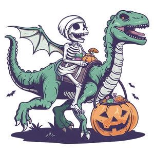 Halloween toilet sticker featuring a cartoon green dinosaur with a skeleton and pumpkin