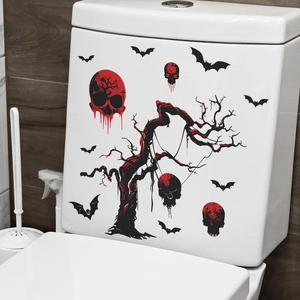 Halloween toilet sticker featuring a spooky black tree, bloody skulls and bats