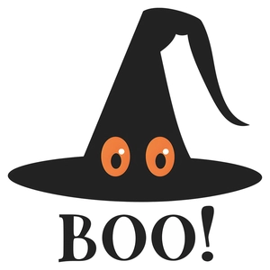 Halloween wizard hat toilet sticker with Boo text and large orange eyes on white background