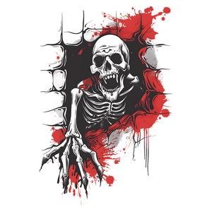Halloween skeleton sticker with broken wall effect in black, white, and red for bathroom decor