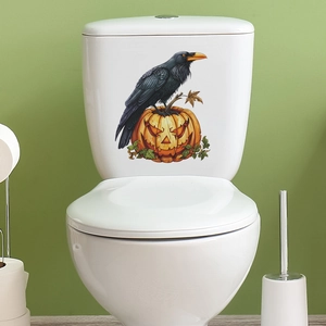 Halloween toilet sticker featuring a crow on a Jack-o'-lantern for bathroom decoration